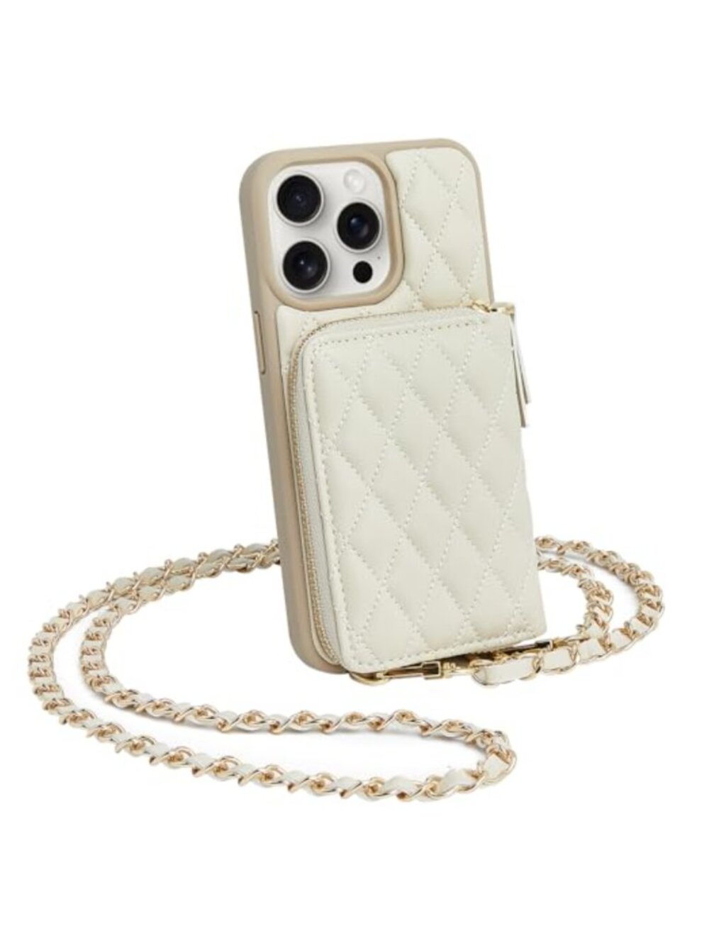 Quilted Leather Crossbody Phone Case for iPhone 15 Pro Max 6.7" Zipper Card